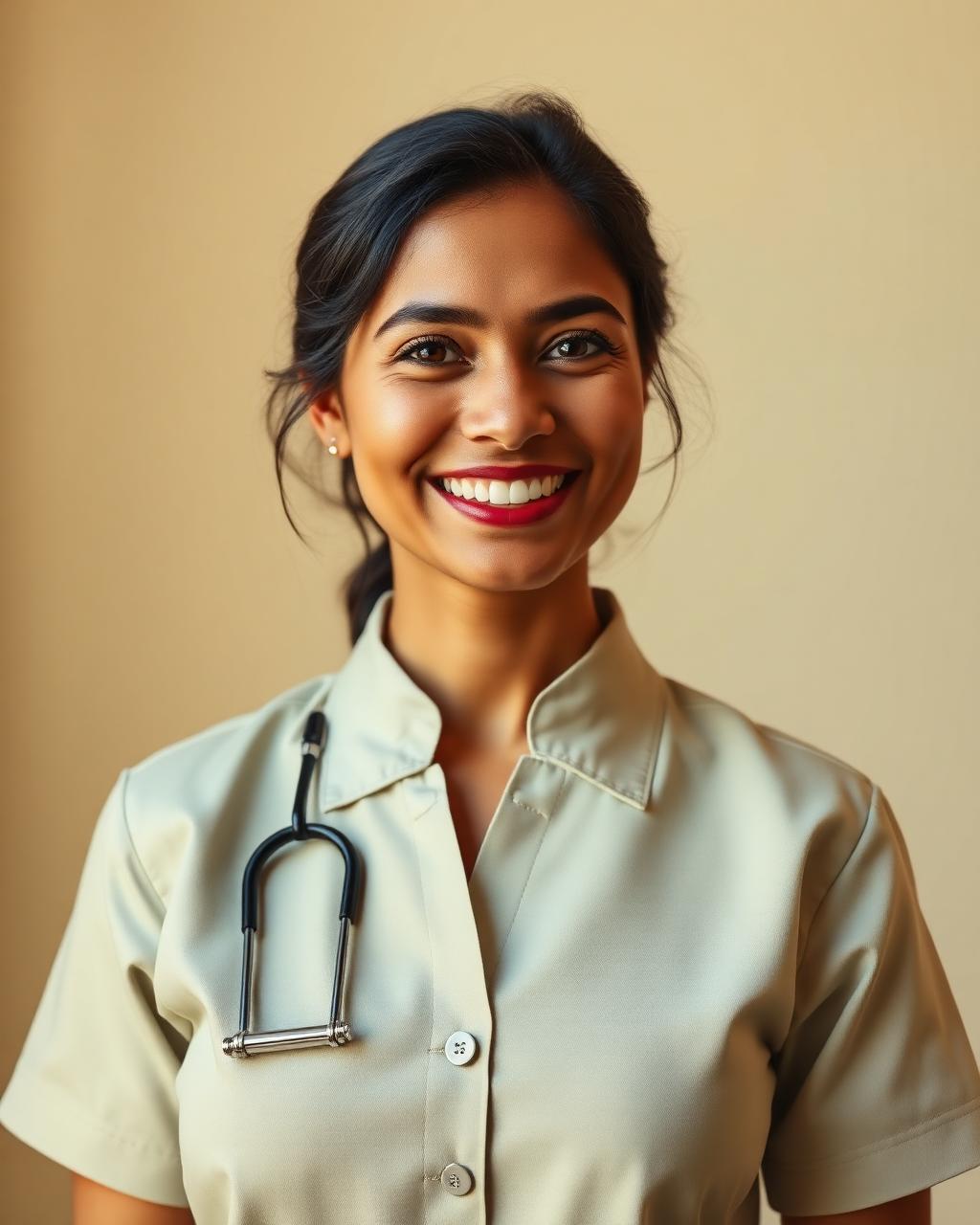 A verified domestic helper smiling, photographed professionally