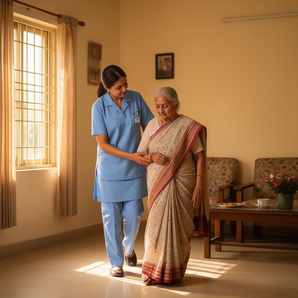 Patient caretaker helping an elderly woman walk